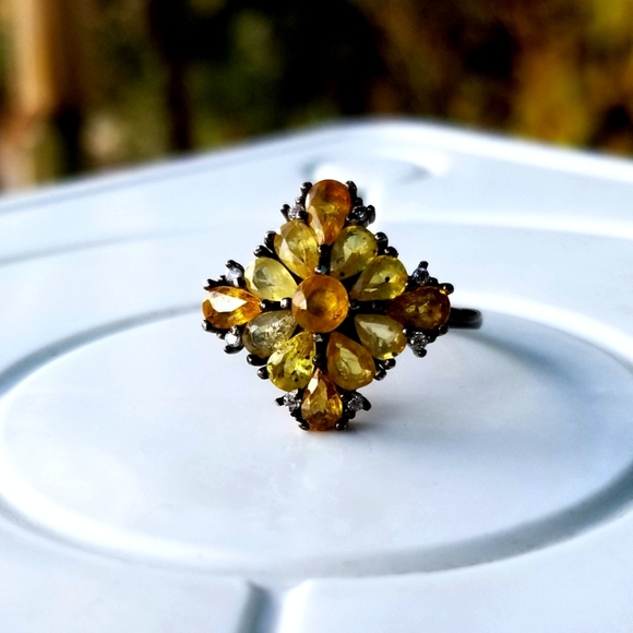 Vintage oxidized sterling silver with yellow and orange sapphires ring - Picture 12 of 16